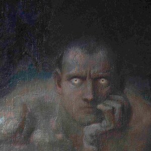Close-up of Lucifer by Franz von Stuck: the glowing eyes and the hand beneath his chin.