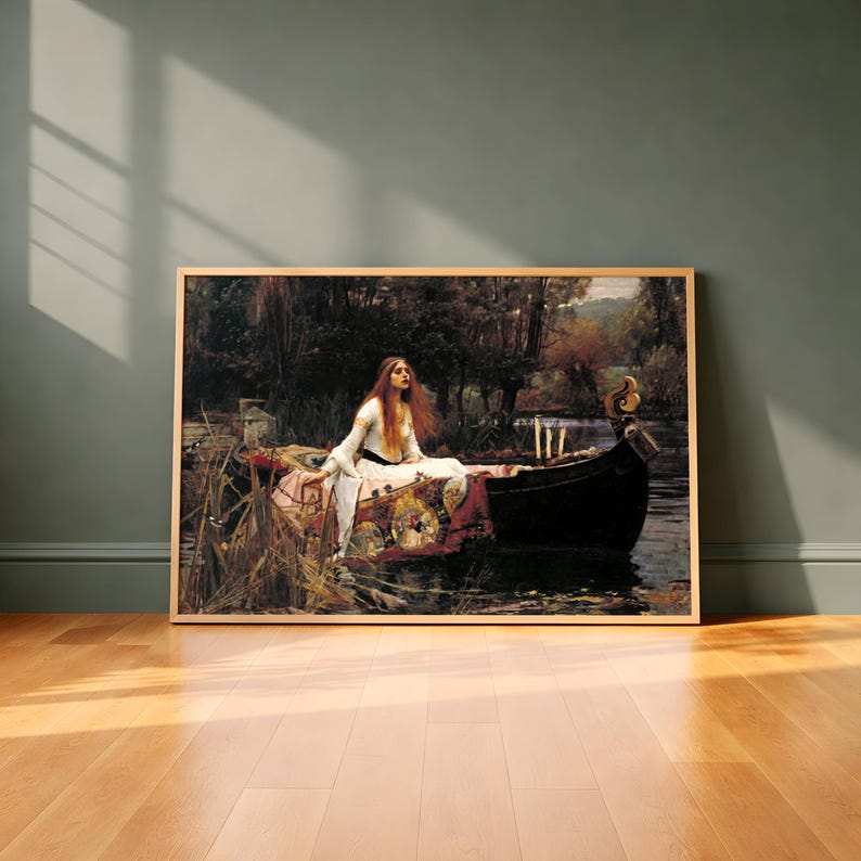 Lady of Shalott Poster, Waterhouse Pre-Raphaelite Wall Art, Victorian Painting, Dark Academia Art, woman in white in a boat on a dark river