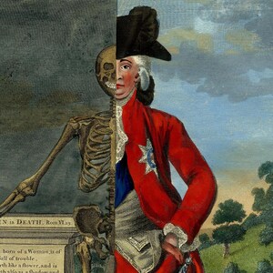 Close-up of Death and Life Contrasted after Robert Dighton: the face divided between a powdered gentleman and a grinning skull.