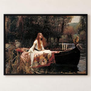 Lady of Shalott Poster, Waterhouse Pre-Raphaelite Wall Art, Victorian Painting, Dark Academia Art, woman in white in a boat on a dark river