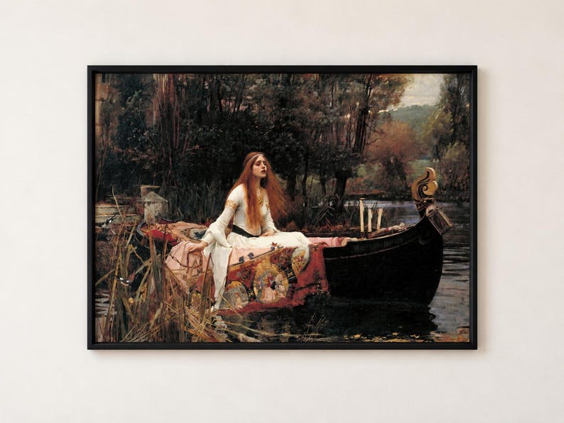 Lady of Shalott Poster, Waterhouse Pre-Raphaelite Wall Art, Victorian Painting, Dark Academia Art, woman in white in a boat on a dark river