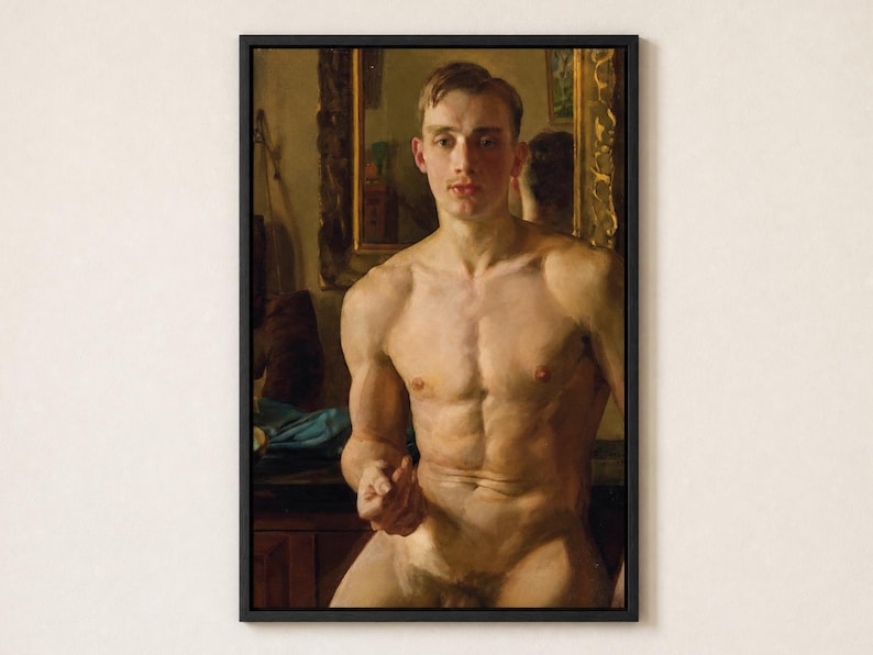 The Boxer by Konstantin Somov poster, shirtless young boxer seated before a mirror with boxing gloves