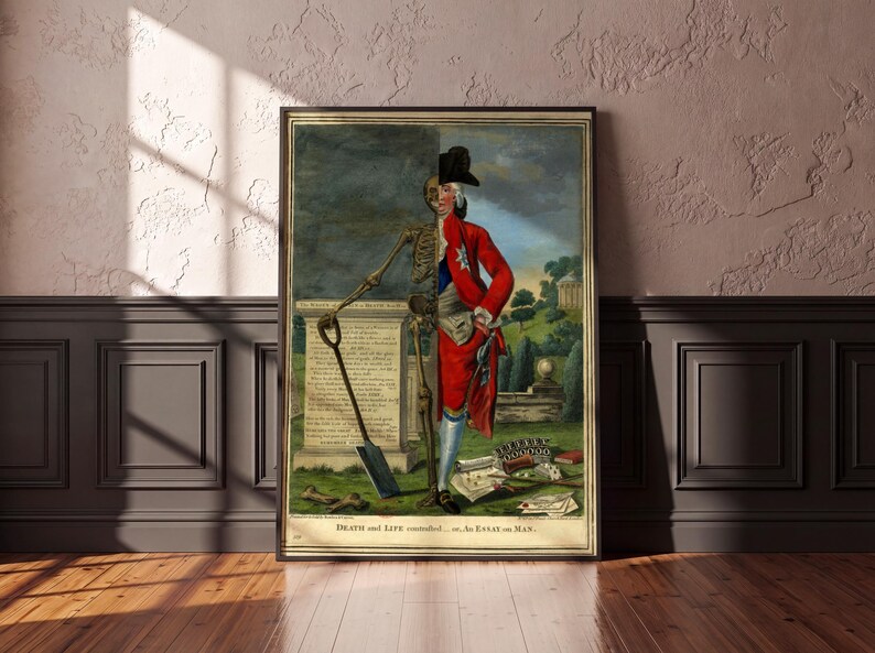 Memento Mori Skeleton Print, Death and Life Contrasted, Georgian Satire Art, Gothic Wall Art