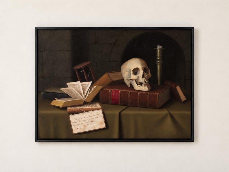 Memento Mori by Harnett poster, skull on Shakespeare book beside a candle stub and hourglass
