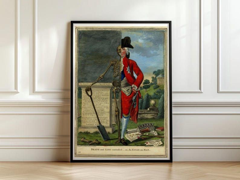Memento Mori Skeleton Print, Death and Life Contrasted, Georgian Satire Art, Gothic Wall Art