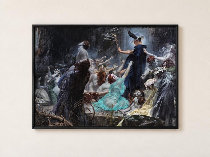 May include: A framed oil painting depicting a dark, cavernous scene with a central figure in a dark blue cloak and winged hat holding a staff. Numerous pale, ethereal figures in flowing garments surround the central figure in a dim, moody setting.