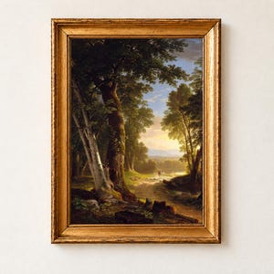 The Beeches by Asher Brown Durand, 1845. Tall beech trees frame a sunlit woodland path where a shepherd leads sheep towards meadows and blue hills, with a pale slender tree at left.