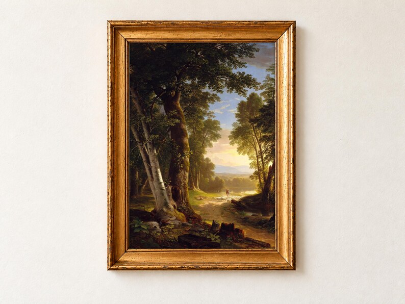 The Beeches by Asher Brown Durand, 1845. Tall beech trees frame a sunlit woodland path where a shepherd leads sheep towards meadows and blue hills, with a pale slender tree at left.