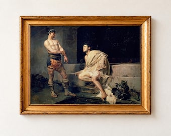 Gladiadores después del combate. Grabado de José Moreno Carbonero, 1882. Pintura de gladiadores. Arte mural romano.