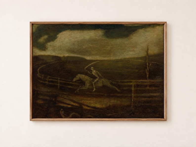 Death on a Pale Horse by Albert Pinkham Ryder poster, skeleton rider with scythe circling a racetrack