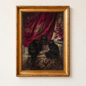 Three Black Cats Print, Carl Kahler Victorian Cat Painting Wall Art, Black Cat Gothic Poster