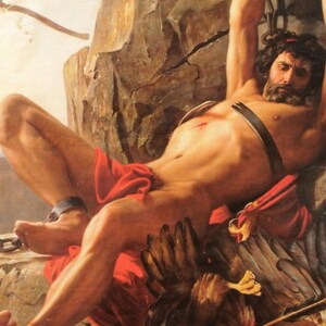 Close-up of Prometheus Unbound by Carl Bloch: the Titan's face as he hangs from his chains.