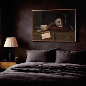 Memento Mori Skull Still Life Poster, Harnett 1879 Vanitas Art, Dark Academia Wall Decor, Gothic Art, Dark Romanticism Print