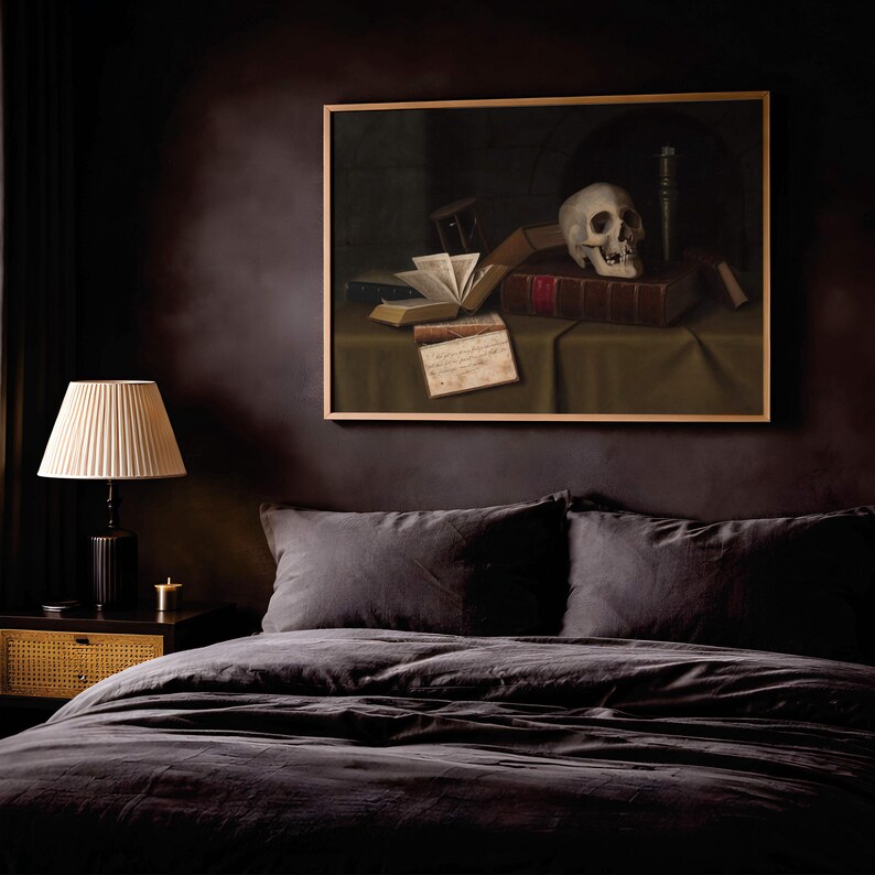 Memento Mori Skull Still Life Poster, Harnett 1879 Vanitas Art, Dark Academia Wall Decor, Gothic Art, Dark Romanticism Print