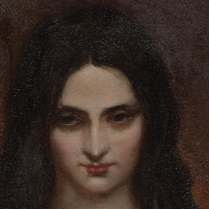 May include: An oil painting portrait featuring a person with long, dark, wavy hair framing a pale face. The subject has dark eyes, defined eyebrows, and soft red lips, set against a dark, textured, monochromatic brown background.