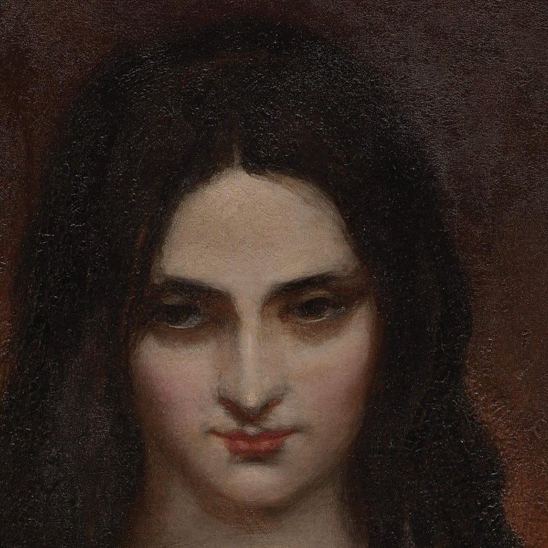 May include: An oil painting portrait featuring a person with long, dark, wavy hair framing a pale face. The subject has dark eyes, defined eyebrows, and soft red lips, set against a dark, textured, monochromatic brown background.