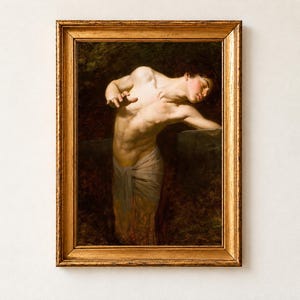 Narcissus by Gyula Benczur, 1881, as a framed print in an antique gold frame on a cream wall. The youth Narcissus leans back with his head tilted and eyes closed, his pale torso lit against deep brown shadow.