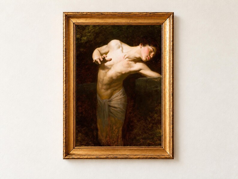 Narcissus by Gyula Benczur, 1881, as a framed print in an antique gold frame on a cream wall. The youth Narcissus leans back with his head tilted and eyes closed, his pale torso lit against deep brown shadow.