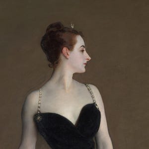 May include: A portrait painting of a person in profile with dark hair styled in an updo, wearing a black dress with thin, jeweled straps. The subject has pale skin and is positioned against a solid, muted brown background.