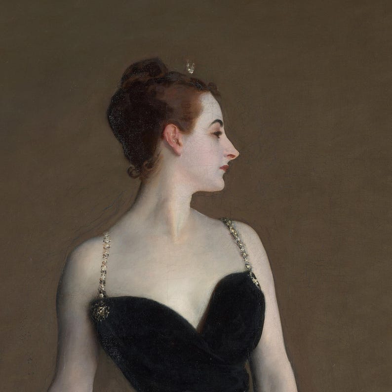 May include: A portrait painting of a person in profile with dark hair styled in an updo, wearing a black dress with thin, jeweled straps. The subject has pale skin and is positioned against a solid, muted brown background.