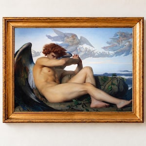 Fallen Angel Print, Alexandre Cabanel 1847 Lucifer Gothic Wall Art, Dark Romanticism Poster, Gold Antique frame