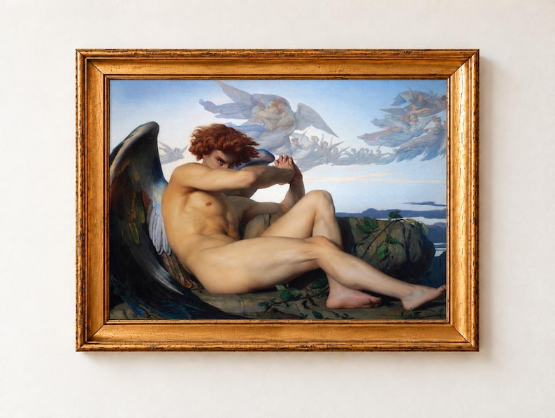 Fallen Angel Print, Alexandre Cabanel 1847 Lucifer Gothic Wall Art, Dark Romanticism Poster, Gold Antique frame