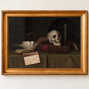 Memento Mori Skull Poster, Harnett 1879 Vanitas Still Life, Shakespeare Hamlet Art, Dark Academia Decor