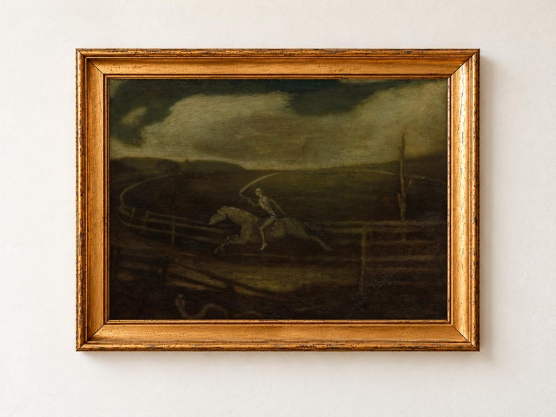 The Race Track, also called Death on a Pale Horse, by Albert Pinkham Ryder, as a framed print in an antique gold frame on a cream wall. A skeleton with a scythe rides a pale horse around an empty race track under a dark, stormy sky, a snake in the foreground.