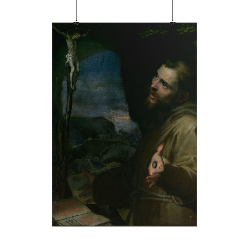 May include: An oil painting depicting a bearded figure in a brown robe looking upward with an open palm showing a stigmata mark. In the background, a crucifix stands against a dark landscape with a faint orange horizon line.