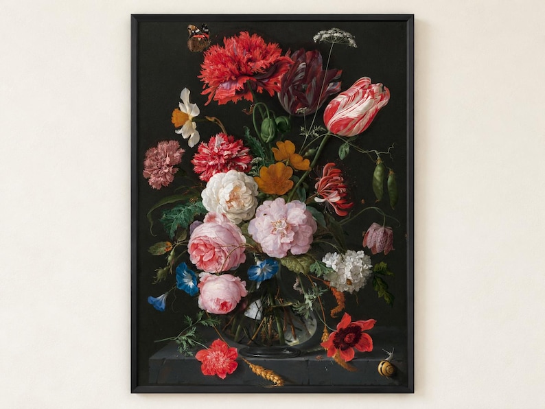 Jan de Heem flowers in a glass vase poster, roses, tulips and poppies against a black background