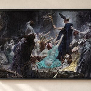 May include: A framed oil painting depicting a dark, cavernous scene with numerous figures in flowing robes of blue, yellow, and white. A central figure in a dark cloak and winged hat holds a golden staff, surrounded by reaching people.
