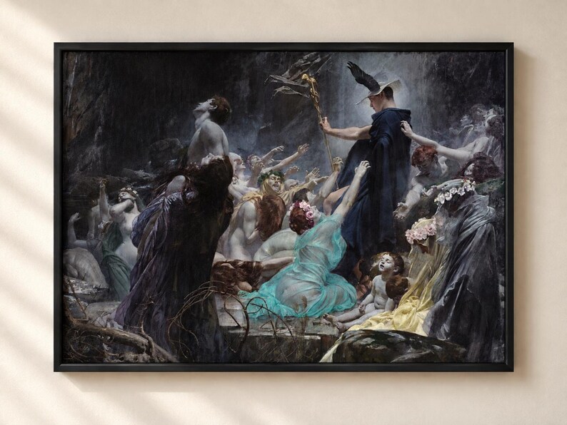 May include: A framed oil painting depicting a dark, cavernous scene with numerous figures in flowing robes of blue, yellow, and white. A central figure in a dark cloak and winged hat holds a golden staff, surrounded by reaching people.