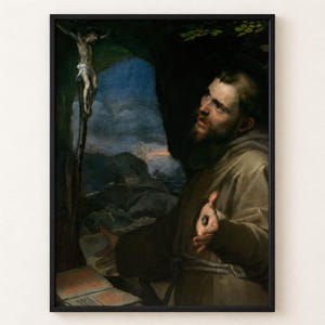 St Francis of Assisi by Barocci poster, saint in brown habit kneeling in a grotto with a book and crucifix