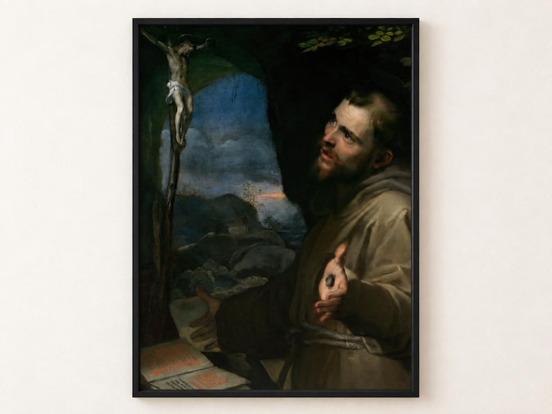 St Francis of Assisi by Barocci poster, saint in brown habit kneeling in a grotto with a book and crucifix