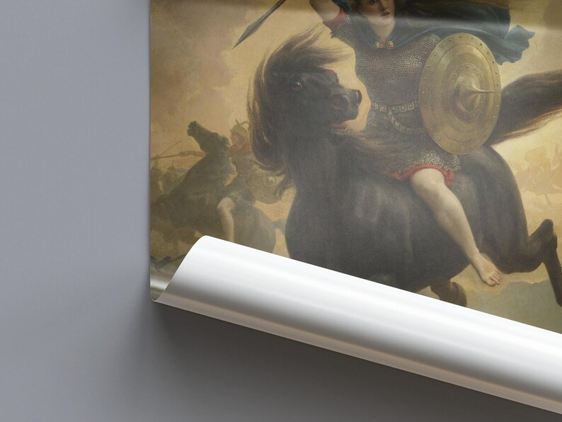 Valkyrie on Black Horse, Norse Mythology Wall Art, Peter Nicolai Arbo Painting, Viking Warrior Art