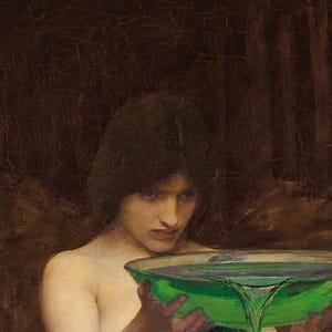 May include: A painting depicting a person with dark hair looking down at a translucent, vibrant green bowl held in their hands. The bowl contains a liquid that appears to be spilling over the edge. The background is dark and textured.