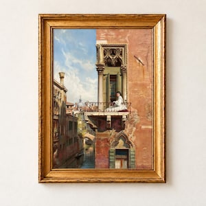 Anna Passini by Ludwig Passini, 1866. A young woman in a white dress sits on the wrought iron balcony of a Gothic Venetian palazzo with a terracotta brick wall, above a narrow canal, with roofs, a dome and blue sky behind.