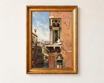 Anna Passini Venice Painting Print, Ludwig Passini 1866 Venetian Balcony Vintage Wall Art