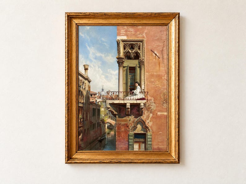 Anna Passini by Ludwig Passini, 1866. A young woman in a white dress sits on the wrought iron balcony of a Gothic Venetian palazzo with a terracotta brick wall, above a narrow canal, with roofs, a dome and blue sky behind.