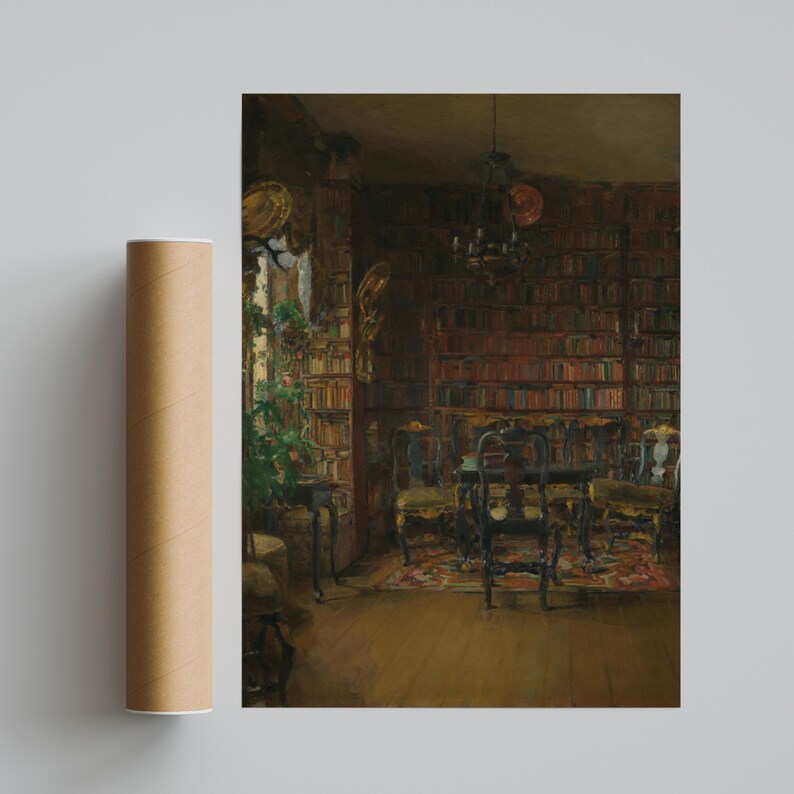 Harriet Backer Library Interior Poster, 1902 Norwegian Art, Bookshelf Wall Decor