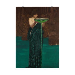 May include: A painting depicting a figure with long dark hair wearing a dark green draped garment. The figure holds a shallow bowl filled with a vibrant green liquid that pours downward in a thin stream into a pool of matching green water.