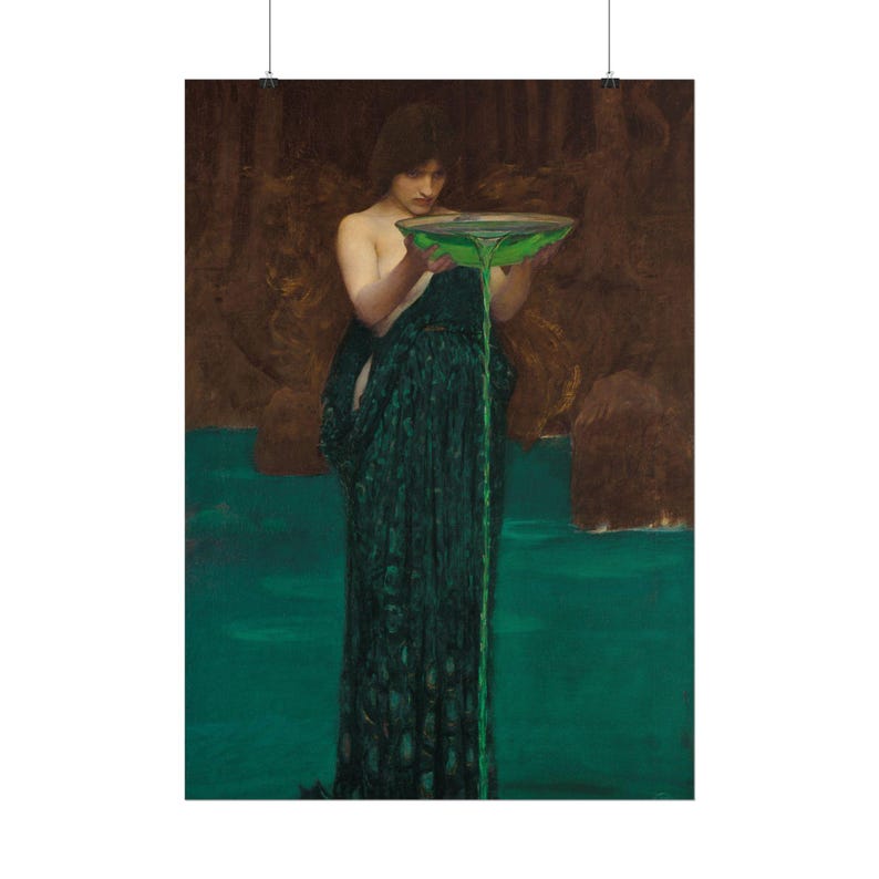 May include: A painting depicting a figure with long dark hair wearing a dark green draped garment. The figure holds a shallow bowl filled with a vibrant green liquid that pours downward in a thin stream into a pool of matching green water.
