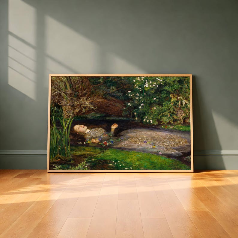 Ophelia by Millais Pre-Raphaelite poster, Shakespeare floral river wall art, dark academia decor