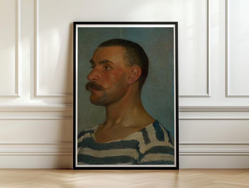 Gondolier Portrait Print, Vintage Oil Painting Poster, Striped Shirt Man Profile, Skutecky 1903
