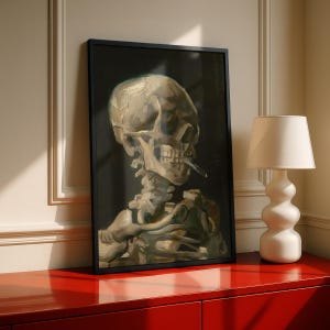 Skull with Burning Cigarette Van Gogh, Vintage Skeleton Wall Art, Gothic Memento Mori Poster