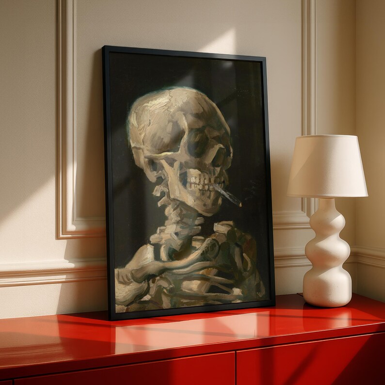 Skull with Burning Cigarette Van Gogh, Vintage Skeleton Wall Art, Gothic Memento Mori Poster