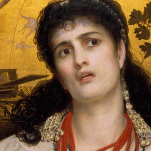Close-up detail of Medea by Frederick Sandys, 1868. Medea's pale face with dark curls and a frightened gaze, pearl earrings and strands of red coral, against a gold background painted with leaves.