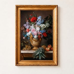 Anne Vallayer-Coster Flowers Poster, Vase of Flowers and Conch Shell 1780, Dark Cottagecore Art. A framed oil painting depicting a large floral arrangement in a decorative beige urn, featuring red, blue, pink, and white flowers. Grapes, peaches, and a pineapple are arranged on a marble surface below the urn.