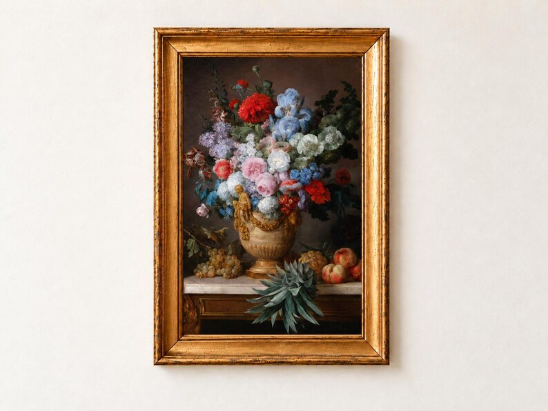 Anne Vallayer-Coster Flowers Poster, Vase of Flowers and Conch Shell 1780, Dark Cottagecore Art. A framed oil painting depicting a large floral arrangement in a decorative beige urn, featuring red, blue, pink, and white flowers. Grapes, peaches, and a pineapple are arranged on a marble surface below the urn.