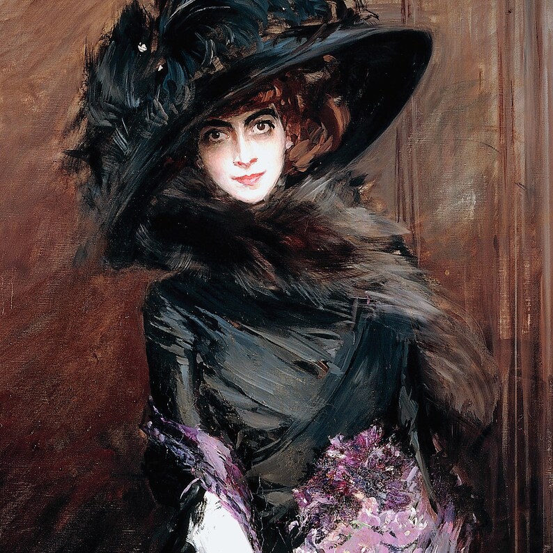 Close-up of Marchesa Luisa Casati by Giovanni Boldini: her pale face under the plumed black hat, with the violets at her waist.